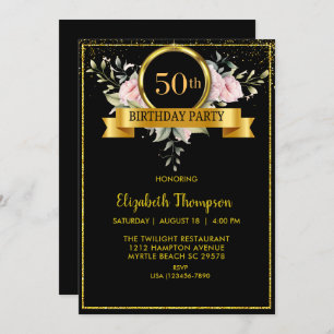 Elegant Floral Black Gold 50th Birthday   Invitation