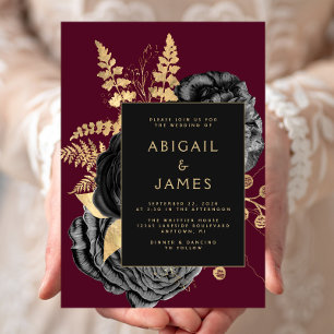 Elegant Floral Black Gold Burgundy Wedding Invitation