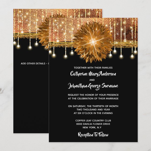 Elegant Floral black gold copper wedding party Invitation (Front/Back)