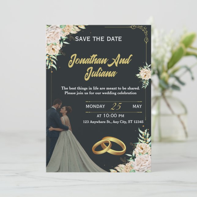 Elegant Floral Black Gold Custom Wedding Invite  (Standing Front)