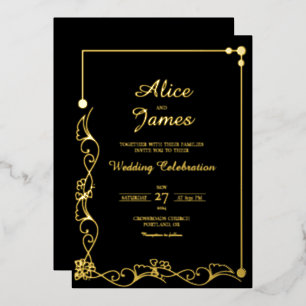 Elegant Floral Black Gold Foil Wedding Invitation