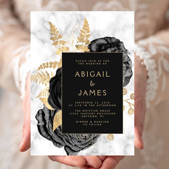 Elegant Floral Black Gold Grey Marble Wedding Invitation (Creator Uploaded)