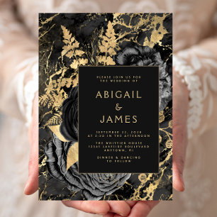 Elegant Floral Black Gold Marble Wedding Invitation