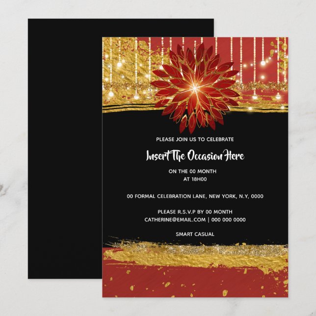 Elegant Floral black gold red birthday party Invitation (Front/Back)