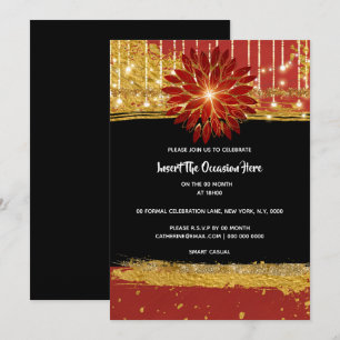 Elegant Floral black gold red birthday party Invitation