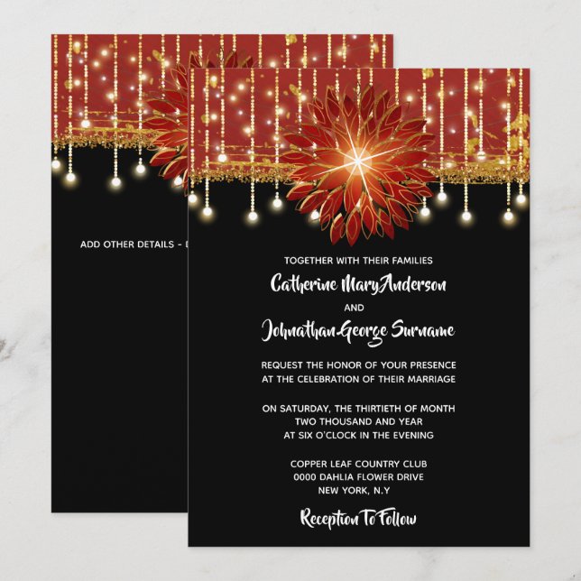 Elegant Floral black gold red wedding party Invitation (Front/Back)