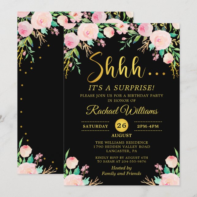 Elegant Floral Black Gold Surprise Birthday Party Invitation (Front/Back)