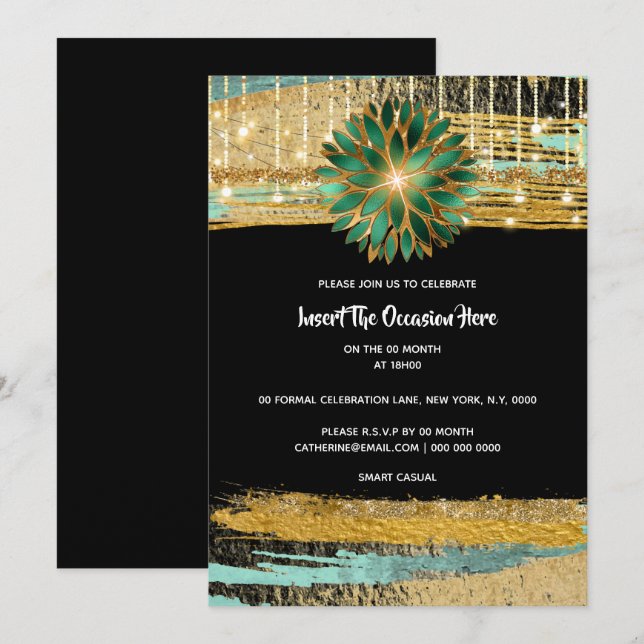 Elegant Floral black gold teal birthday party Invitation (Front/Back)