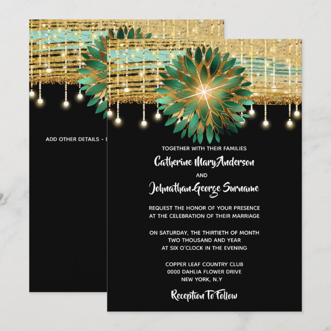 Elegant Floral black gold teal blue wedding party Invitation (Front/Back)