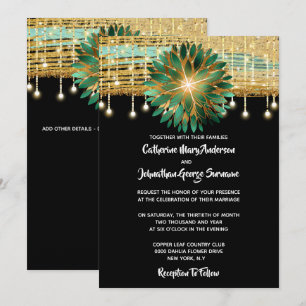 Elegant Floral black gold teal blue wedding party Invitation