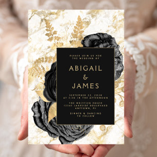 Elegant Floral Black Gold White Marble Wedding Invitation
