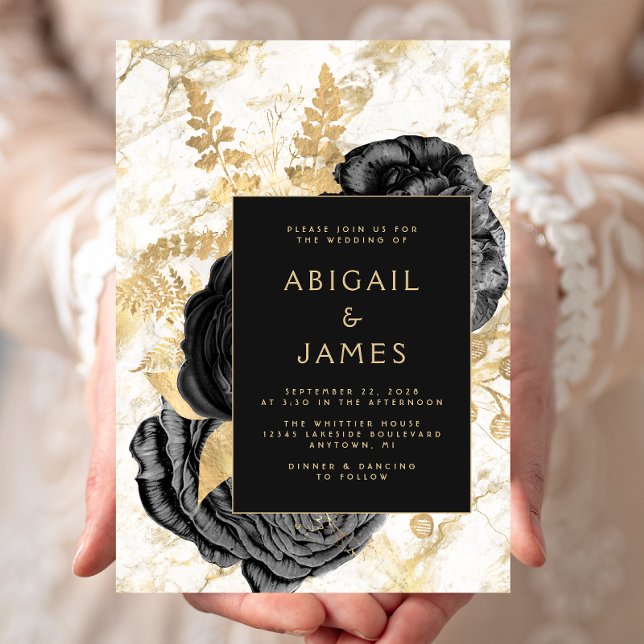 Elegant Floral Black Gold White Marble Wedding Invitation (Creator Uploaded)