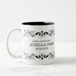 Elegant Floral Black Lace With White Damask Two-Tone Coffee Mug