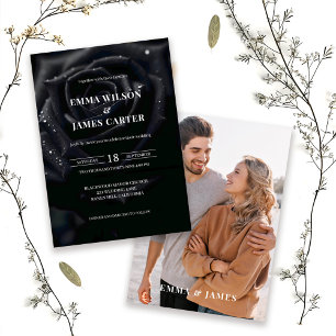 Elegant Floral Black Midnight Rose Photo Wedding Invitation