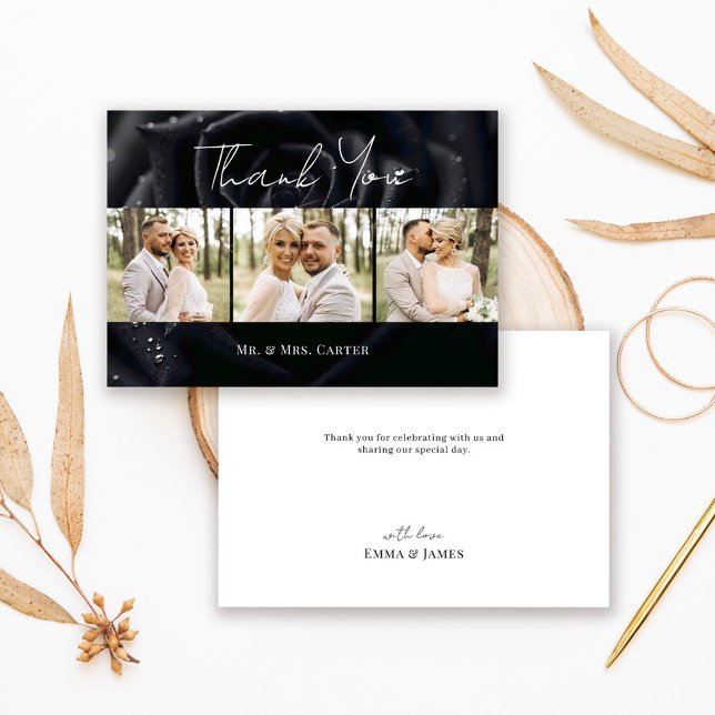Elegant Floral Black Midnight Rose Wedding Photo Thank You Card (Creator Uploaded)