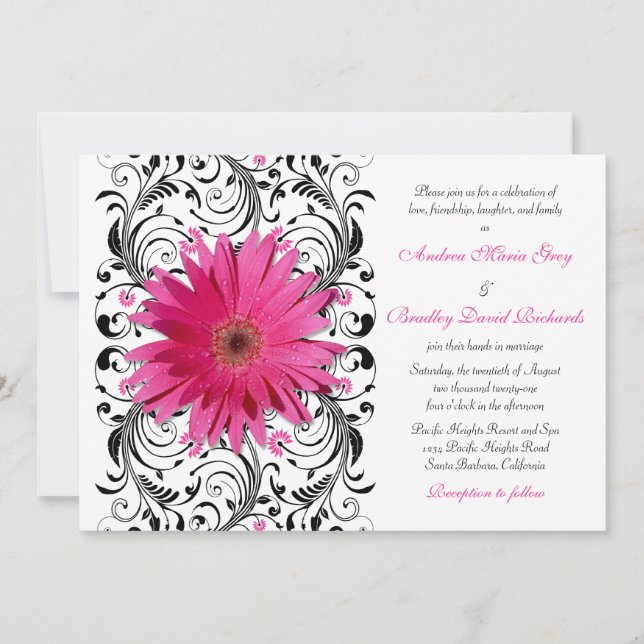Elegant Floral Black Pink Daisy Wedding Invitation (Front)