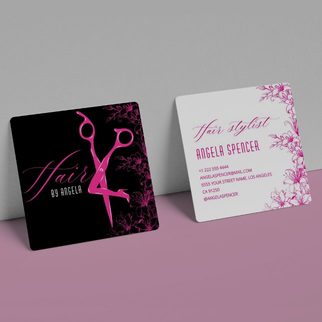 Elegant Floral Black & Pink Hair Salon Beauty Square Business Card (Creator Uploaded)