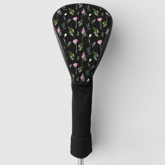 Elegant Floral Black Pink Name Chic Pretty Golf Head Cover (Front)