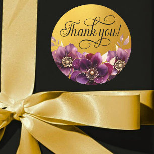 Elegant Floral Black Script Thank you Gold Sticker