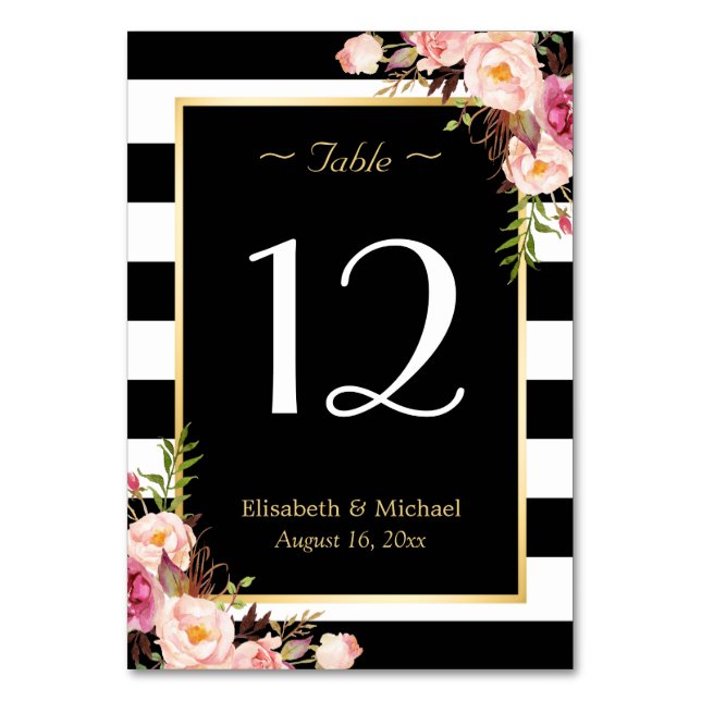 Elegant Floral Black Stripes Wedding Table Number (Front)