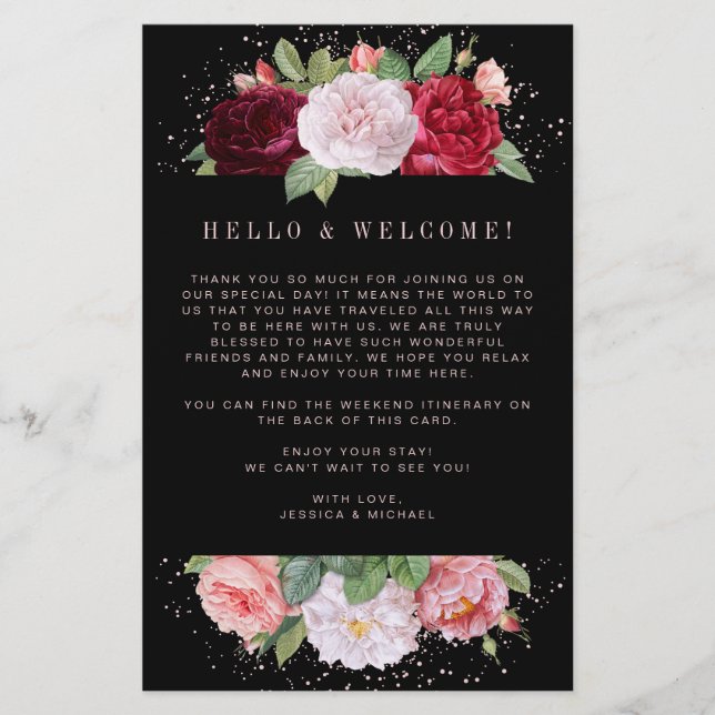 Elegant Floral Black Wedding Welcome Itinerary (Front)