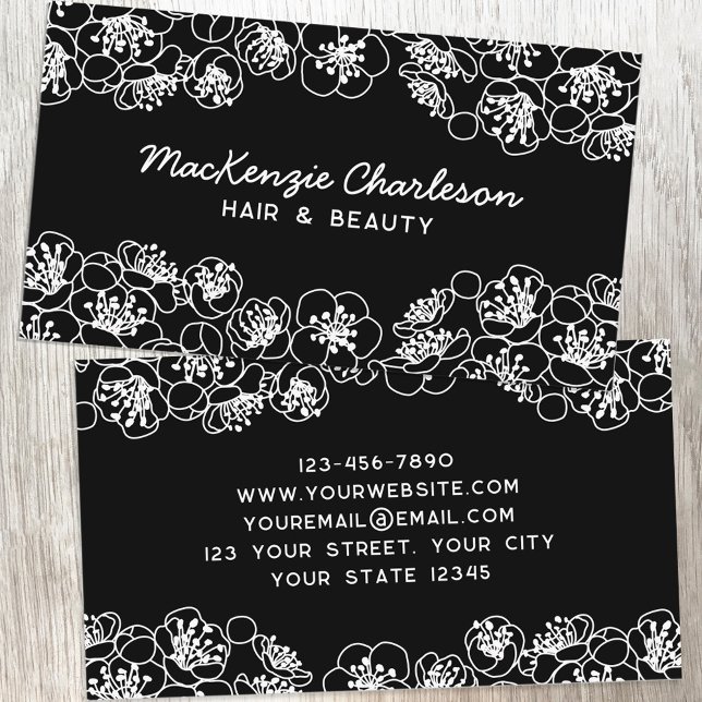 Elegant Floral Black White Business Card (Creator Uploaded)