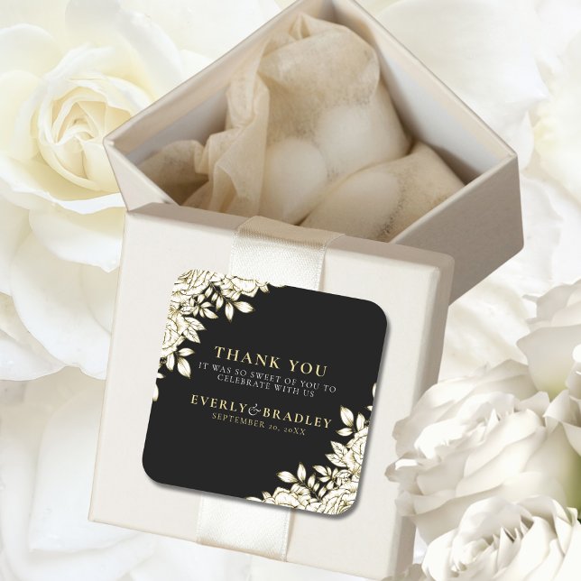 Elegant  Floral Black White Gold Minimal Wedding Square Sticker (Creator Uploaded)