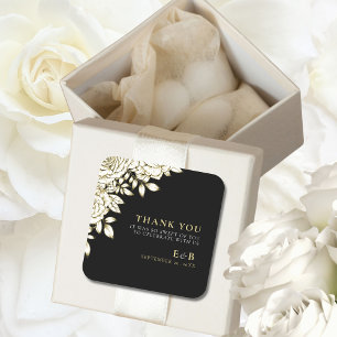 Elegant Floral Black White Gold Monogram Wedding Square Sticker