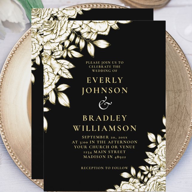 Elegant Floral Black White Gold Roses Wedding Invitation (Creator Uploaded)