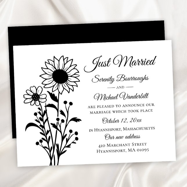 Elegant Floral Black White Just Married Wedding Announcement (Creator Uploaded)
