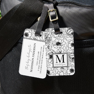 Elegant Floral Black White Monogram Luggage Tag