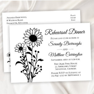 Elegant Floral Black White Rehearsal Dinner Invitation Postcard