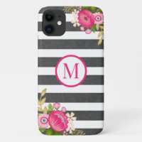 Elegant Floral Black White Stripe Monogram 