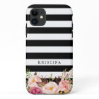 Elegant Floral Black White Striped Monogram Name