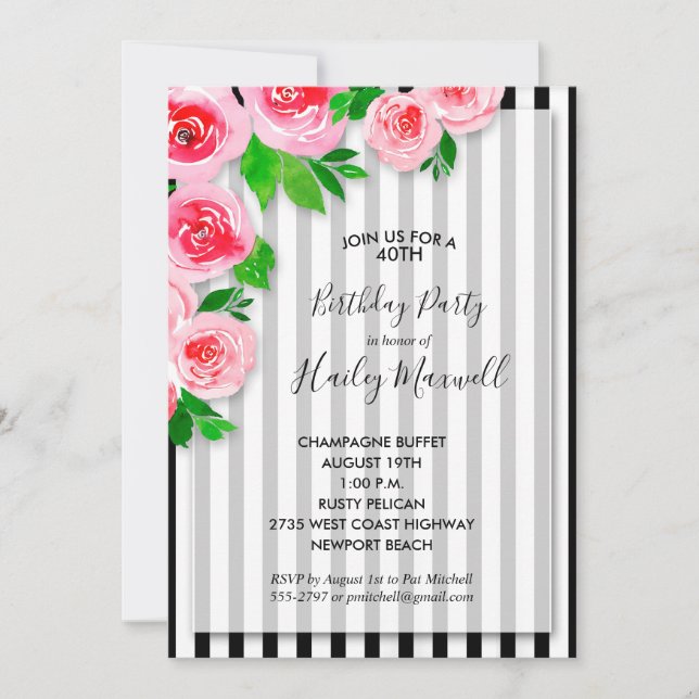 Elegant Floral Black White Stripes Birthday Party (Front)