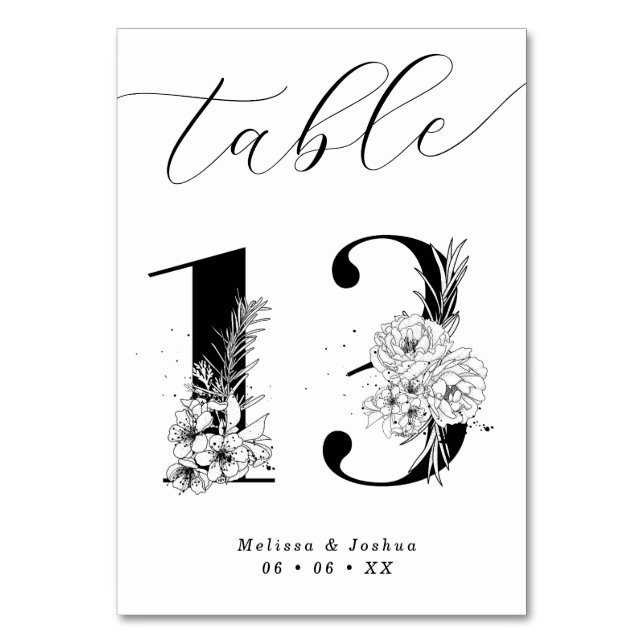 Elegant Floral Black & White Table 13 Table Number (Front)