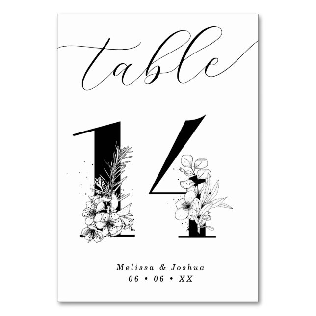 Elegant Floral Black & White Table 14 Table Number (Front)