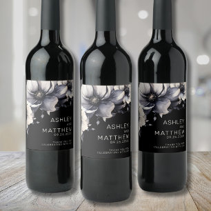 Elegant Floral Black White Wedding Wine Label