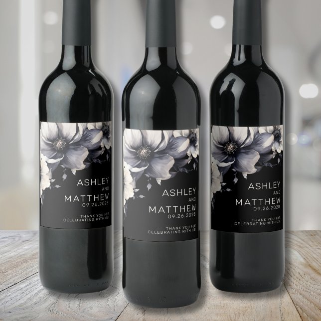 Elegant Floral Black White Wedding Wine Label (Elegant Floral Black White Wedding Wine Label)