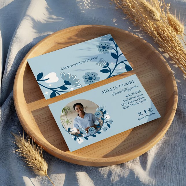 Elegant Floral Blooming Dental Hygienist Photo Business Card (Elegant Floral Blooming Dental Hygienist Photo Business Card)