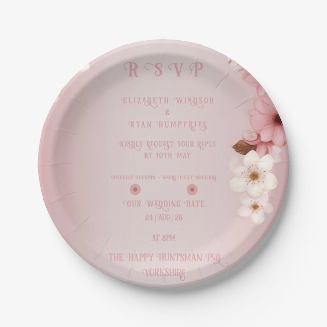 Elegant Floral Blossom Wedding Invitation Design Paper Plate (Front)