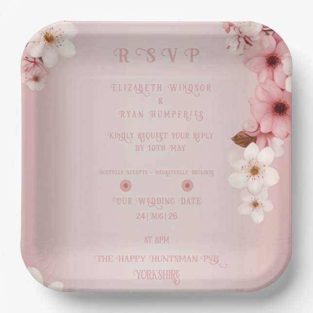 Elegant Floral Blossom Wedding Invitation Design Paper Plate (Front)