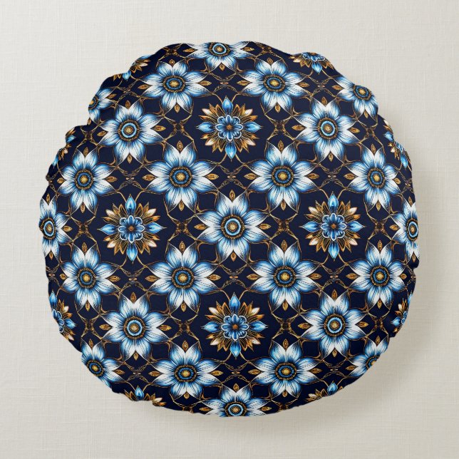 Elegant Floral Blue and Gold Pattern Round Cushion (Front)