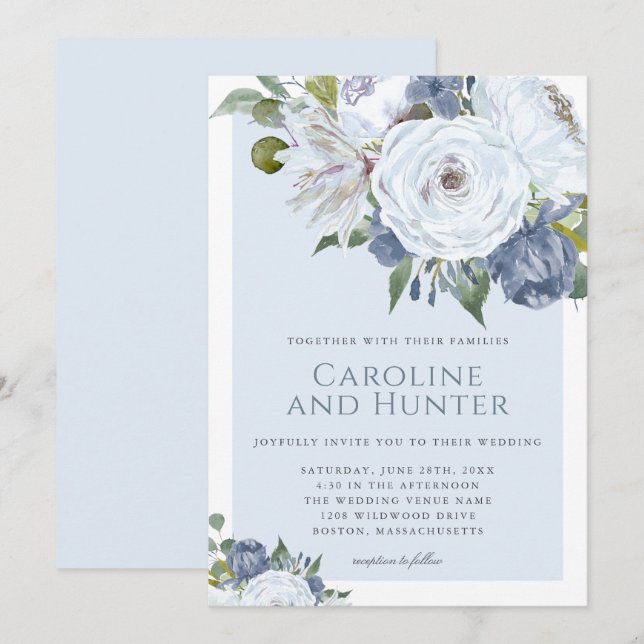 Elegant Floral Blue and White Watercolor Wedding Invitation (Front/Back)