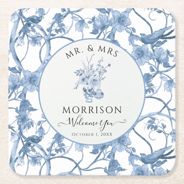 Elegant Floral Blue and White Wedding Reception Square Paper Coaster (Front)