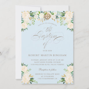 Elegant Floral Blue Beige Calligraphy Baptism Invitation