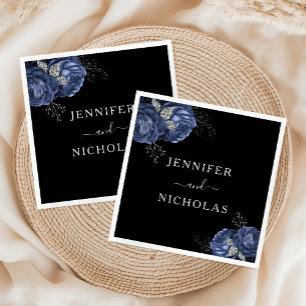 Elegant Floral Blue Black Wedding Napkin