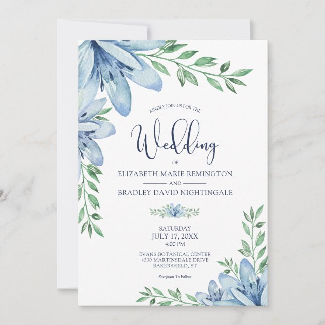 Elegant Floral Blue Blooms Greenery Wedding Invitation (Front)