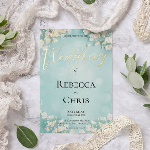 Elegant Floral Blue Bokeh Wedding Gold