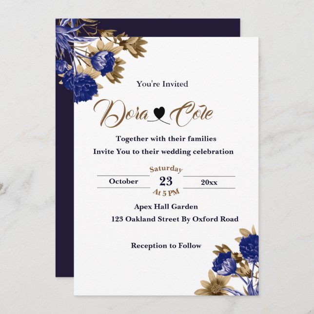Elegant Floral Blue & Brown Watercolor Wedding Invitation (Front/Back)
